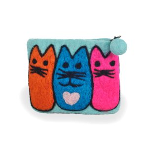 Trio of Cats Felt Purse, Cyan | Felt Bags | Handmade in Nepal